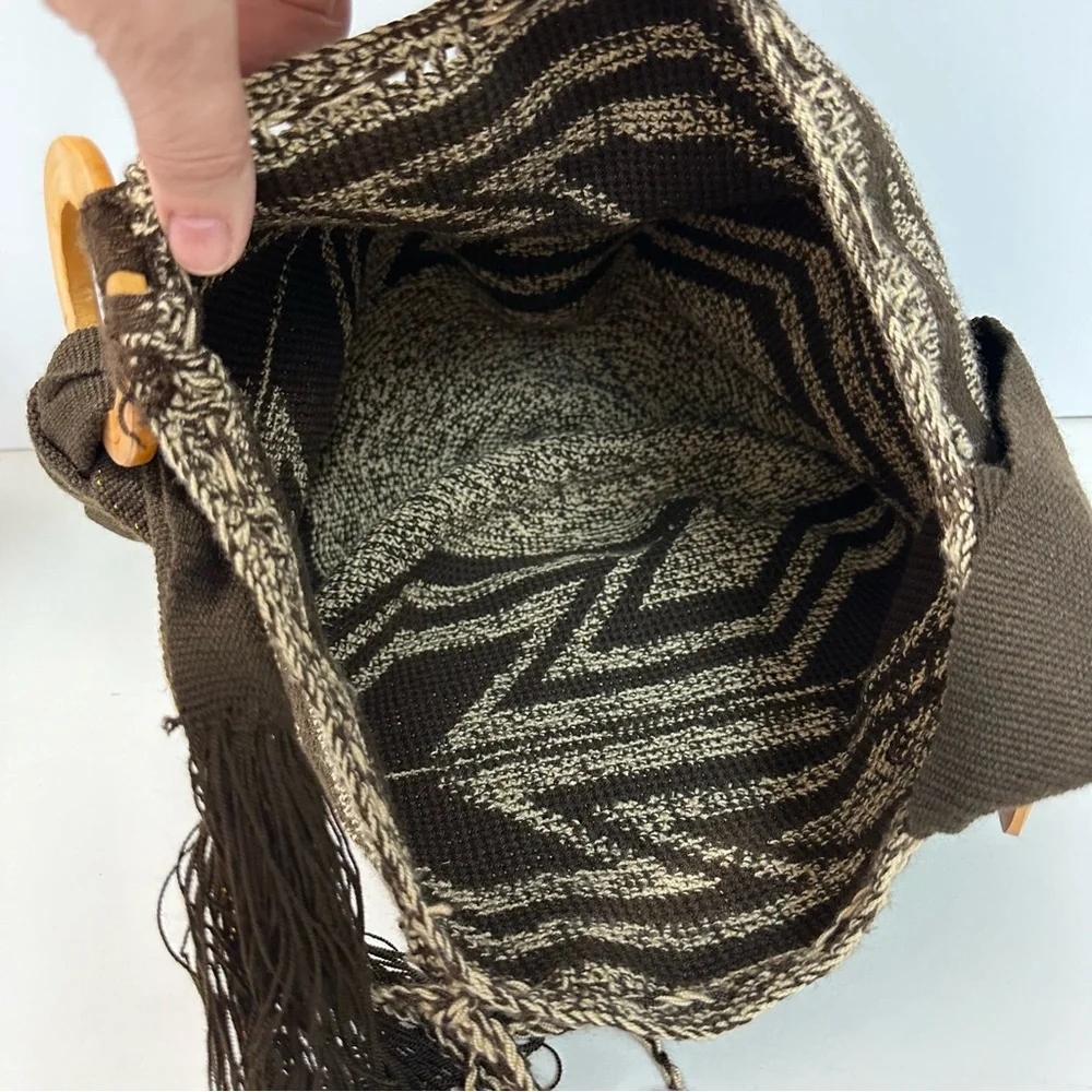 HIPPIE Bucket Bag 16X12x9 Brown Geometric 20”AdjStrap Woven Drawstring Y2K